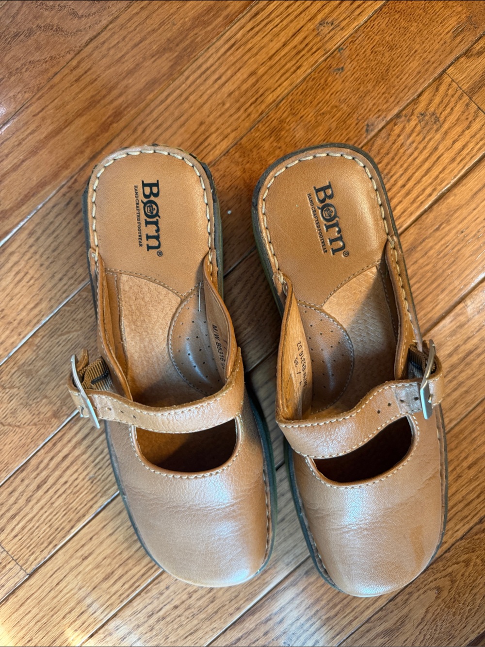 Born Tan Leather Buckle Clog Mules
